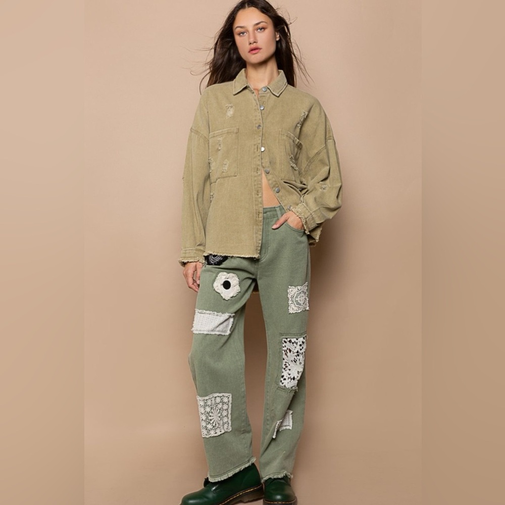 Pol Button Down Raw Hem Distressed Shacket - image 3